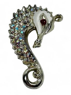 Silver Seahorse Crystal Brooch with Aurora Borealis Accents